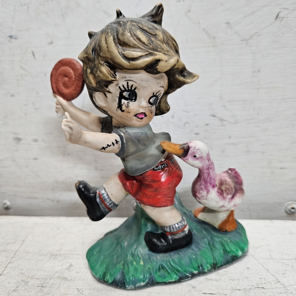Punk Rocker Emo Goth Horror Upcycled Reworked Ceramic Figure Boy Chased by Goose